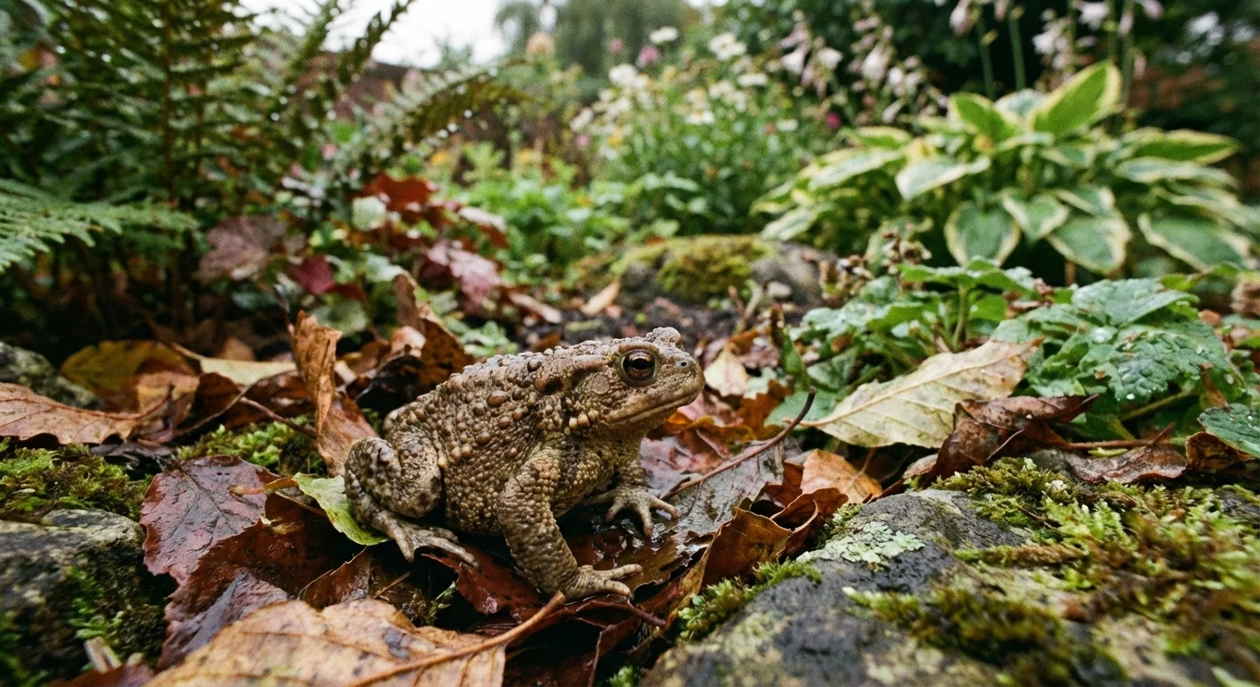A garden toad camouflaged among leaves, a natural predator of earwigs.