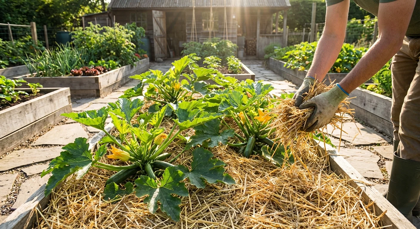 A gardener applying straw mulch to a vegetable bed.