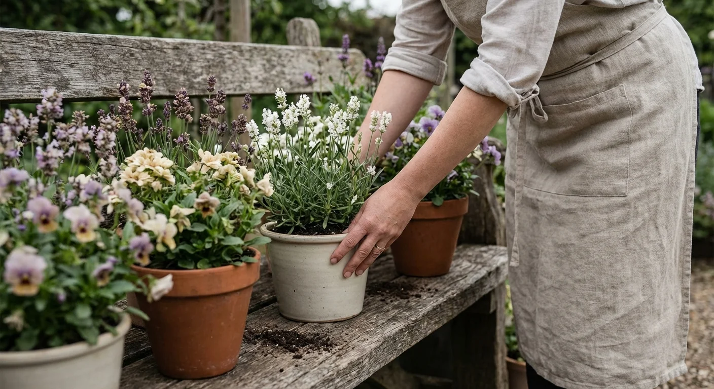 A gardener arranging white and lavender flowers to create a harmonious outdoor color scheme.