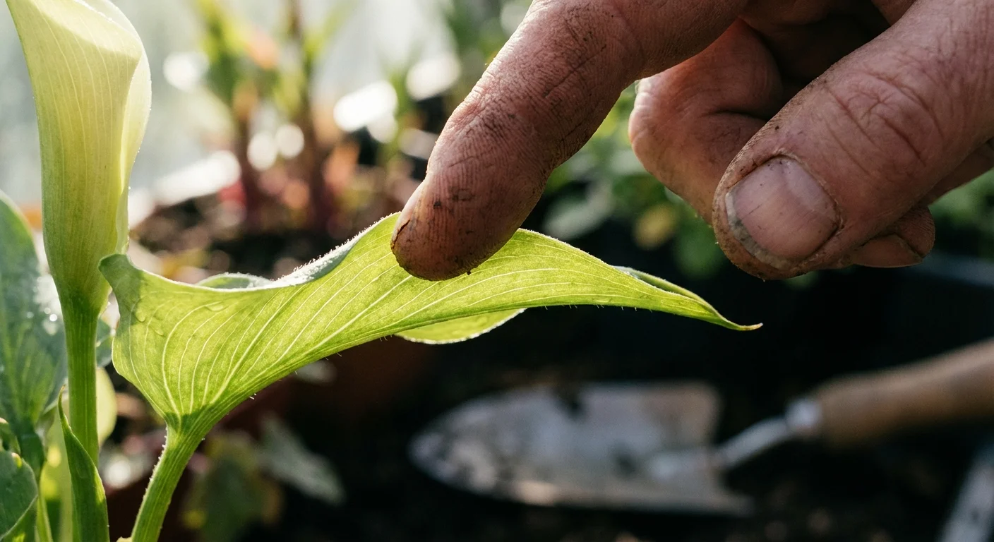 A gardener carefully inspecting the delicate leaves of a Calla Lily.