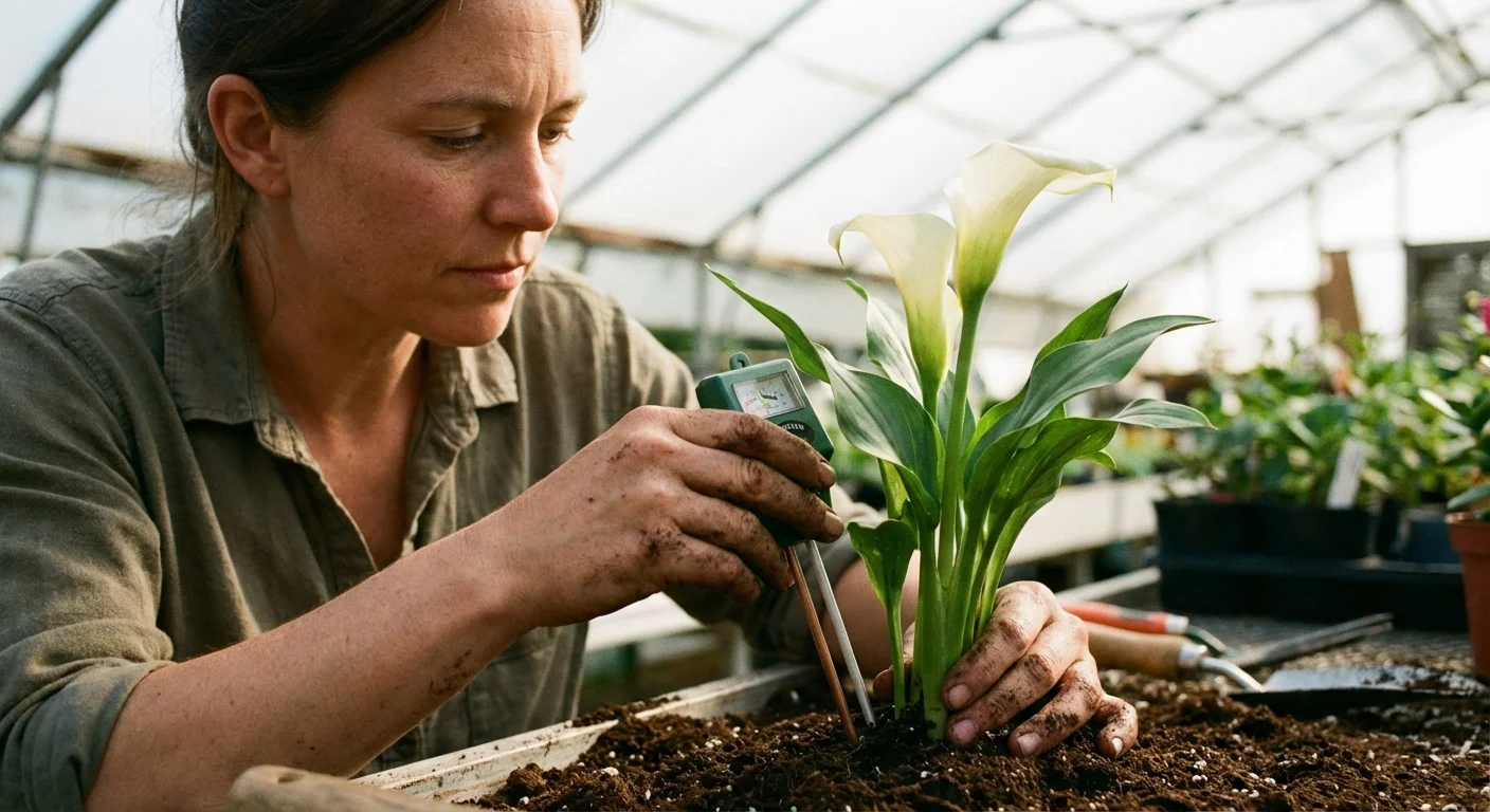 A gardener checking the soil conditions of a Calla Lily plant.