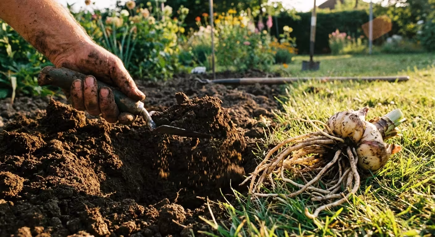 A gardener digging a hole in the soil to transplant a lily bulb.