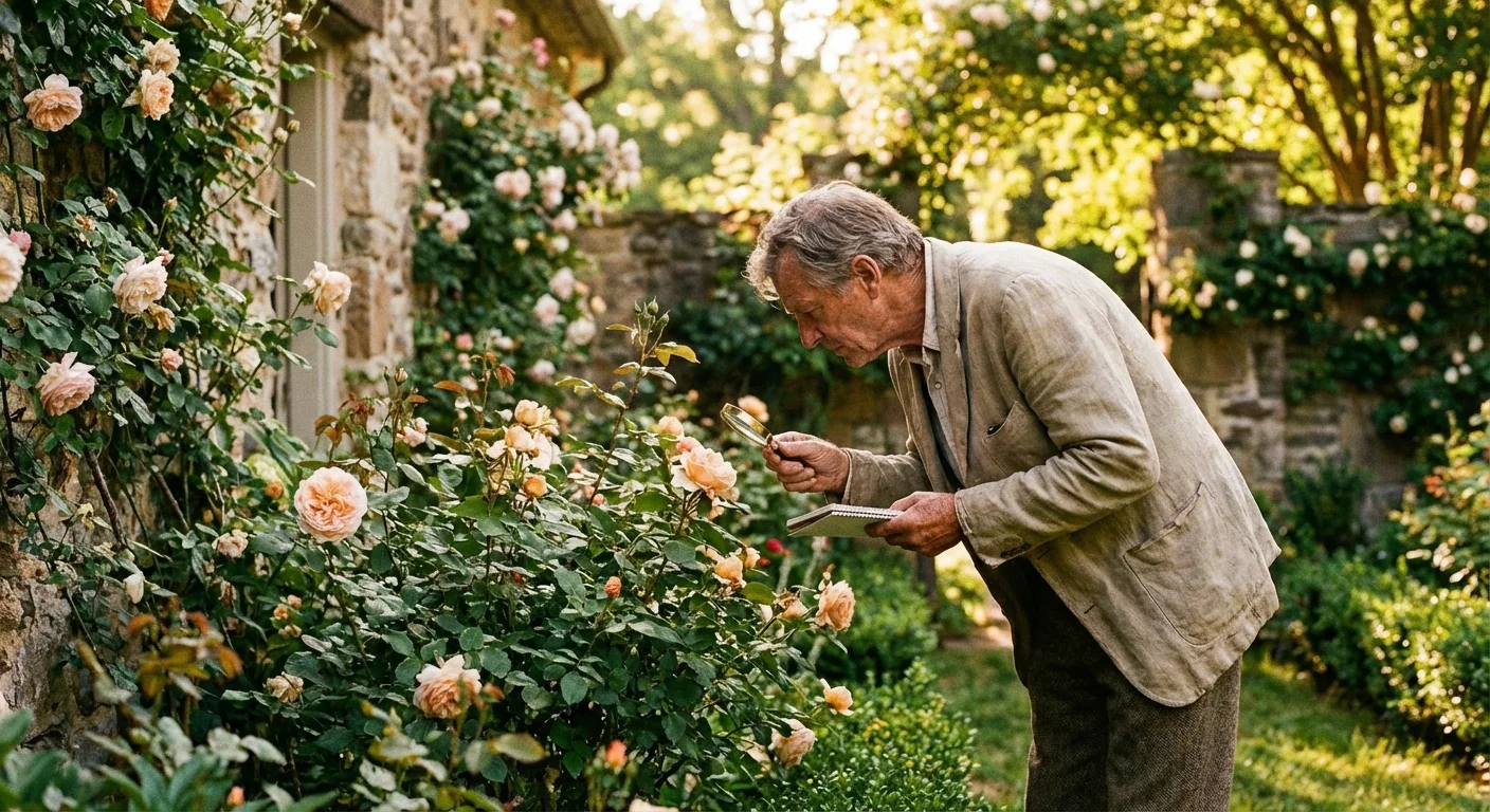 A gardener examining a rose bush for signs of pests in a bright garden.