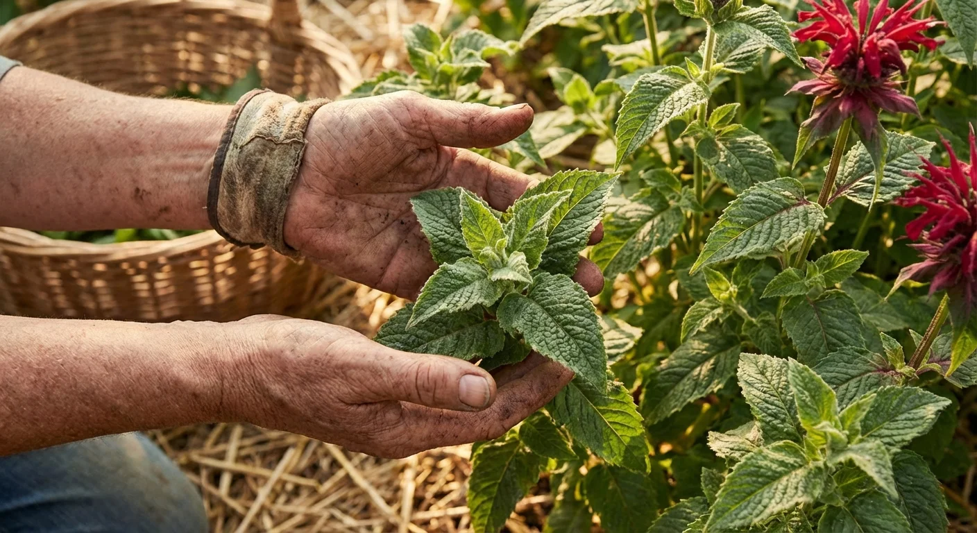 A gardener examining the aromatic leaves of a Bee Balm plant to identify its deer-resistant traits.