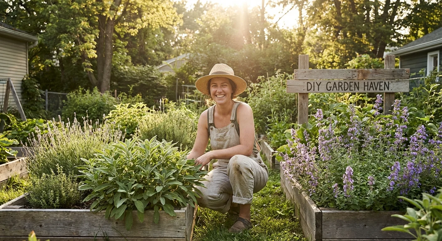 A gardener happily arranging mosquito-repellent plants in a sun-drenched outdoor space.