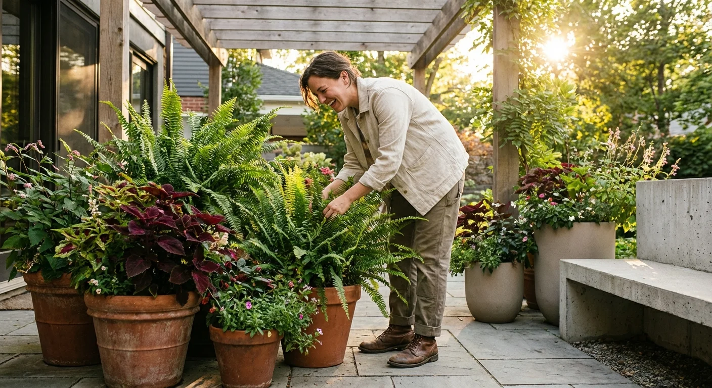 A gardener happily tending to a variety of trendy potted plants on a sunlit patio.