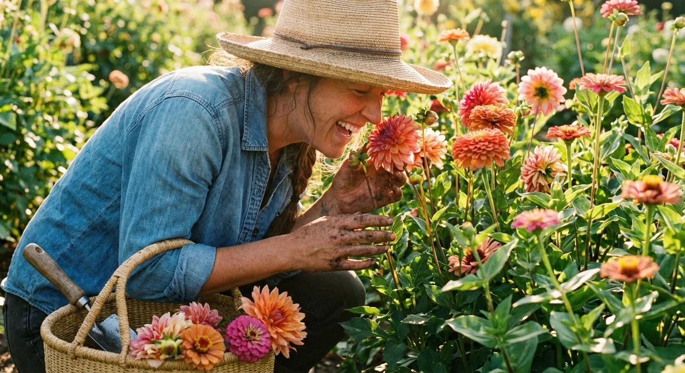 A gardener happily tending to plants in a bright, colorful summer garden.