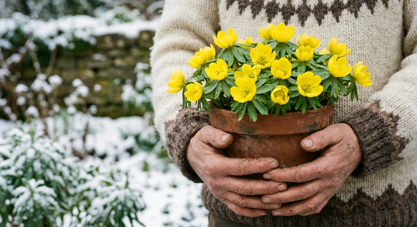 A gardener holding a pot of bright yellow Winter Aconite flowers against a snowy garden background.