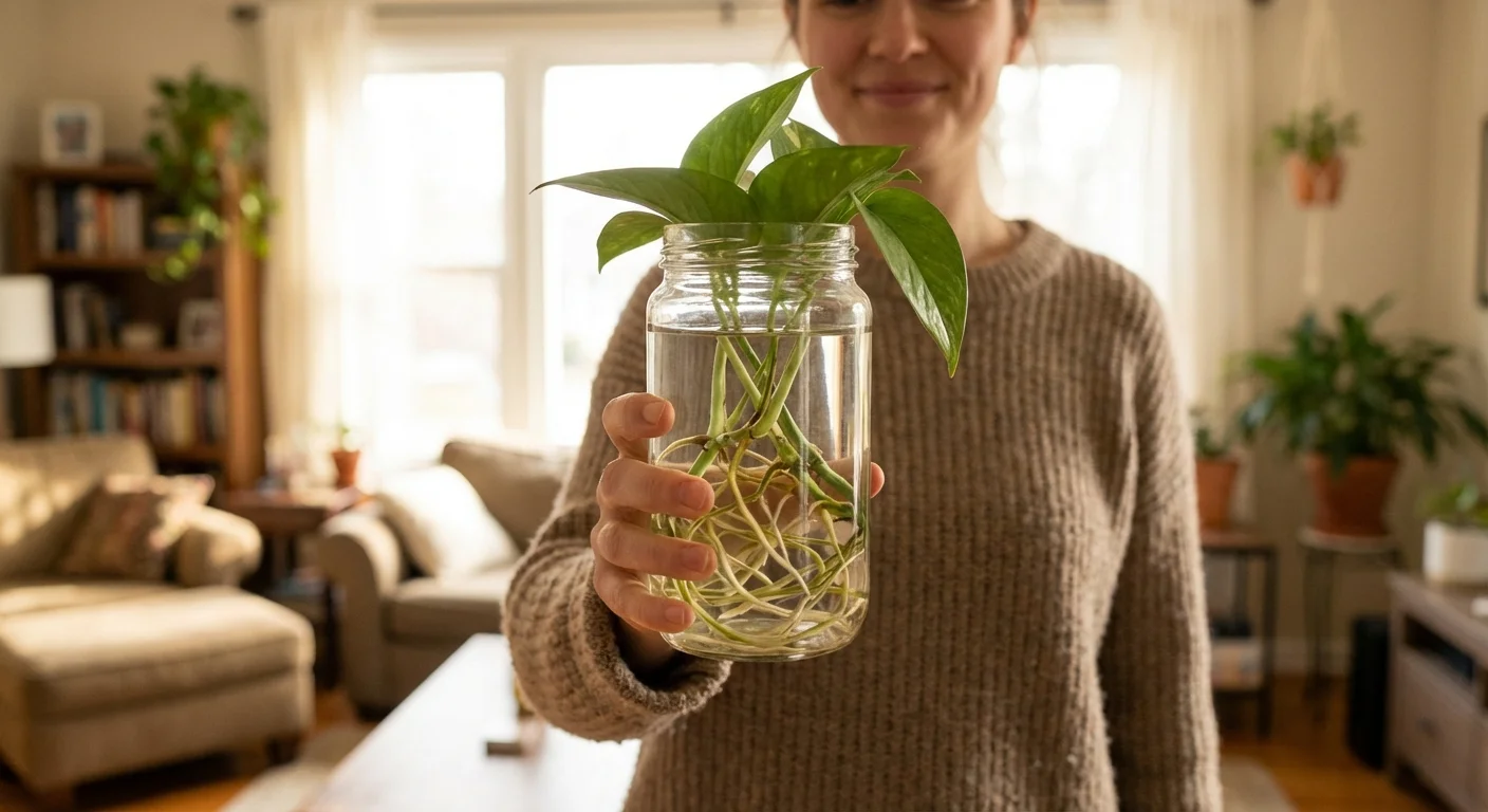 A gardener holding a rooted Pothos cutting in a glass jar, demonstrating how easy it is to grow.