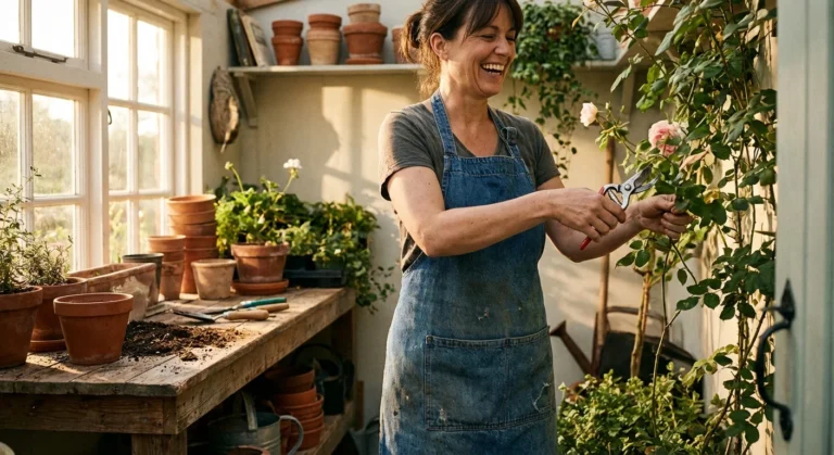 A gardener in a denim apron carefully pruning a plant in a bright, sunlit garden shed.