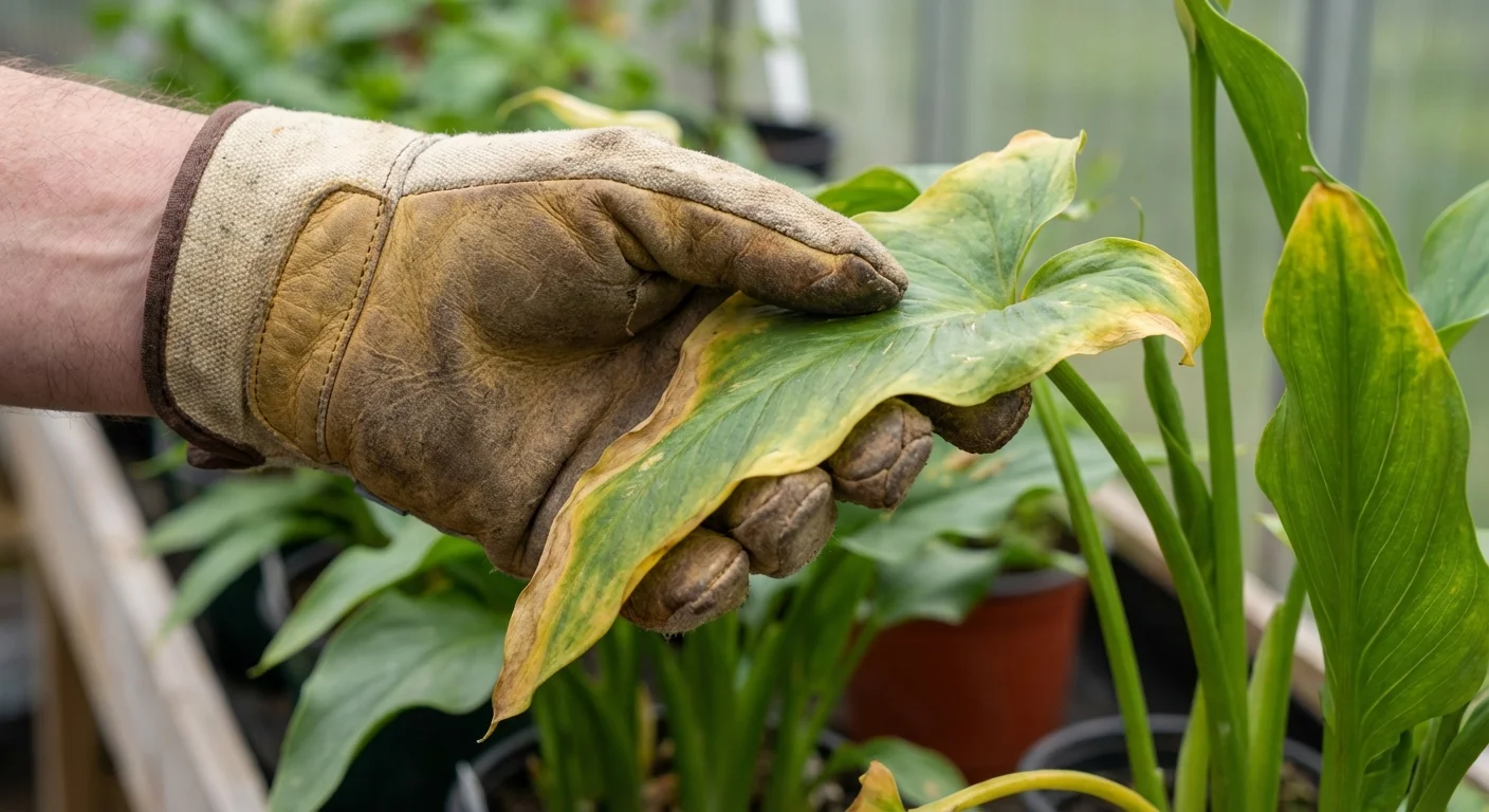 A gardener inspecting a Calla Lily leaf for signs of stress.