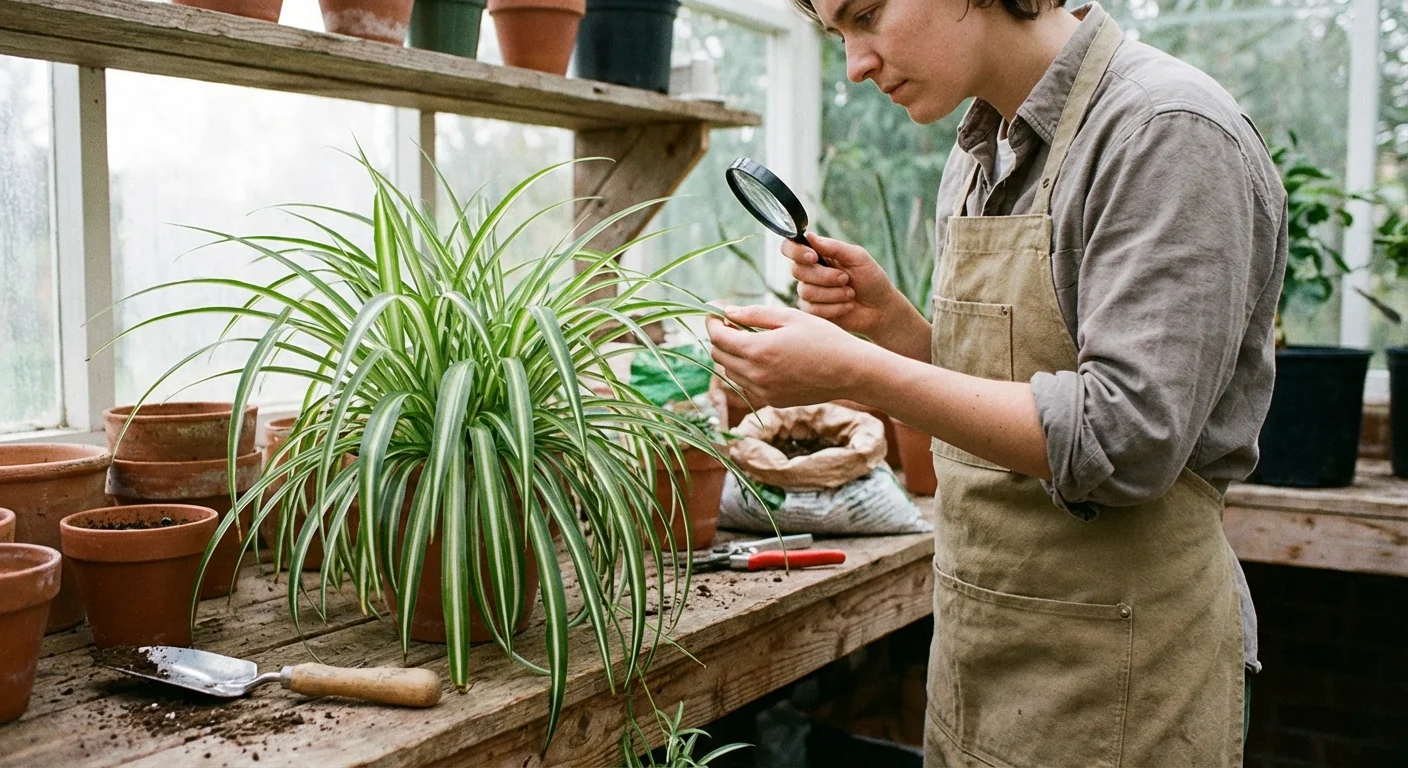 A gardener inspecting a spider plant's leaves for health issues.