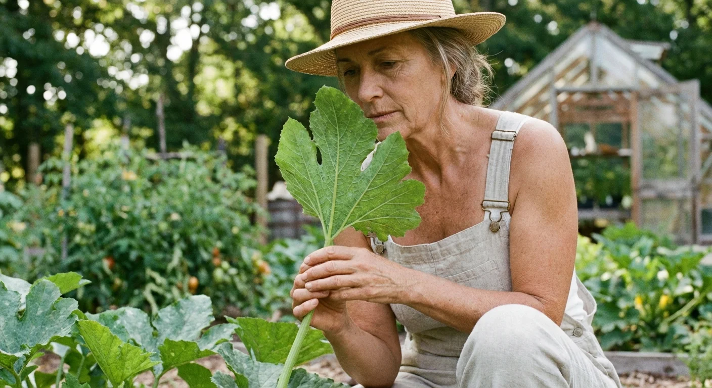 A gardener inspecting a zucchini leaf in a sunny garden setting.