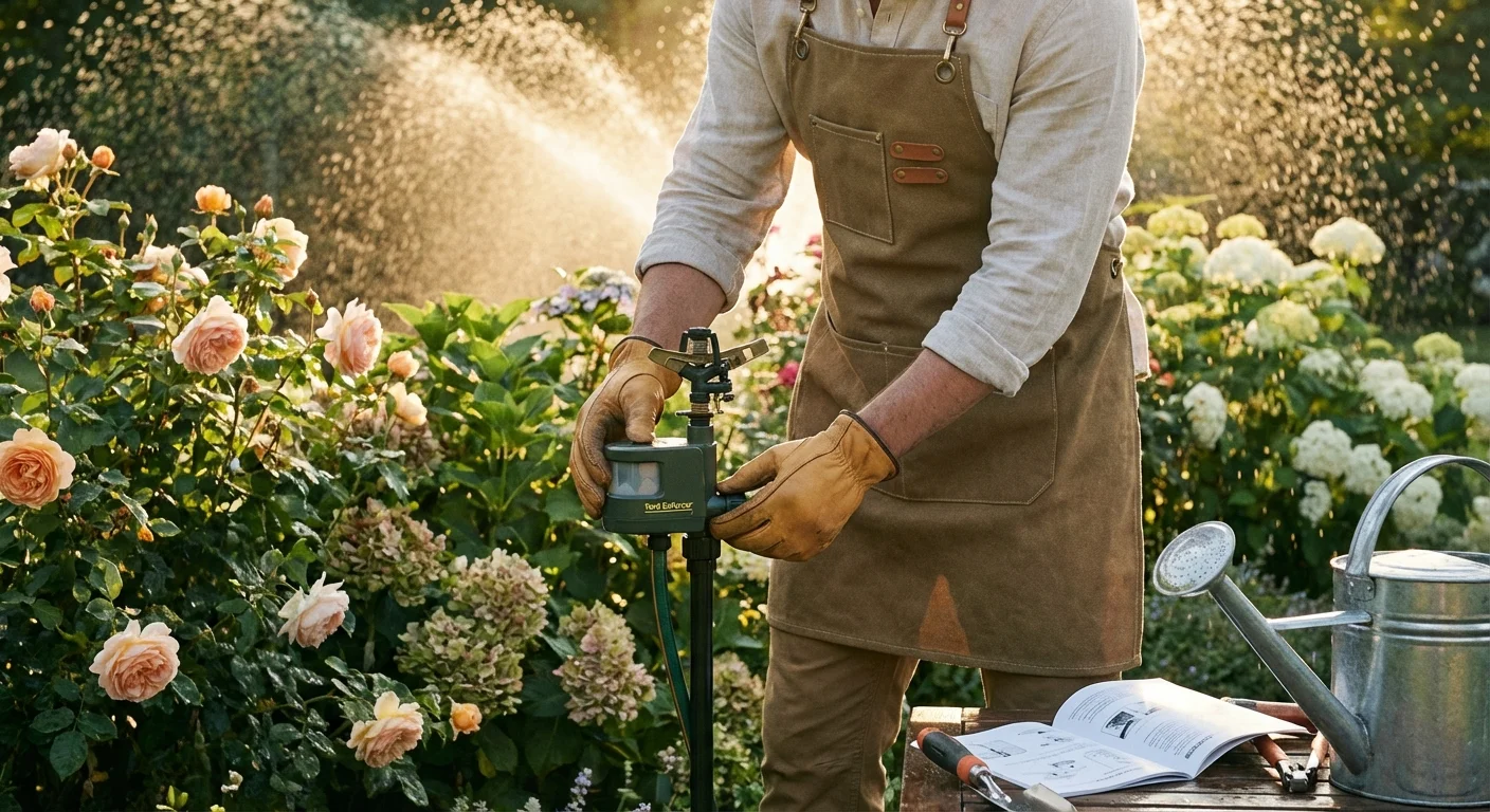 A gardener installing a motion-activated water sprinkler in a flower bed to deter deer.