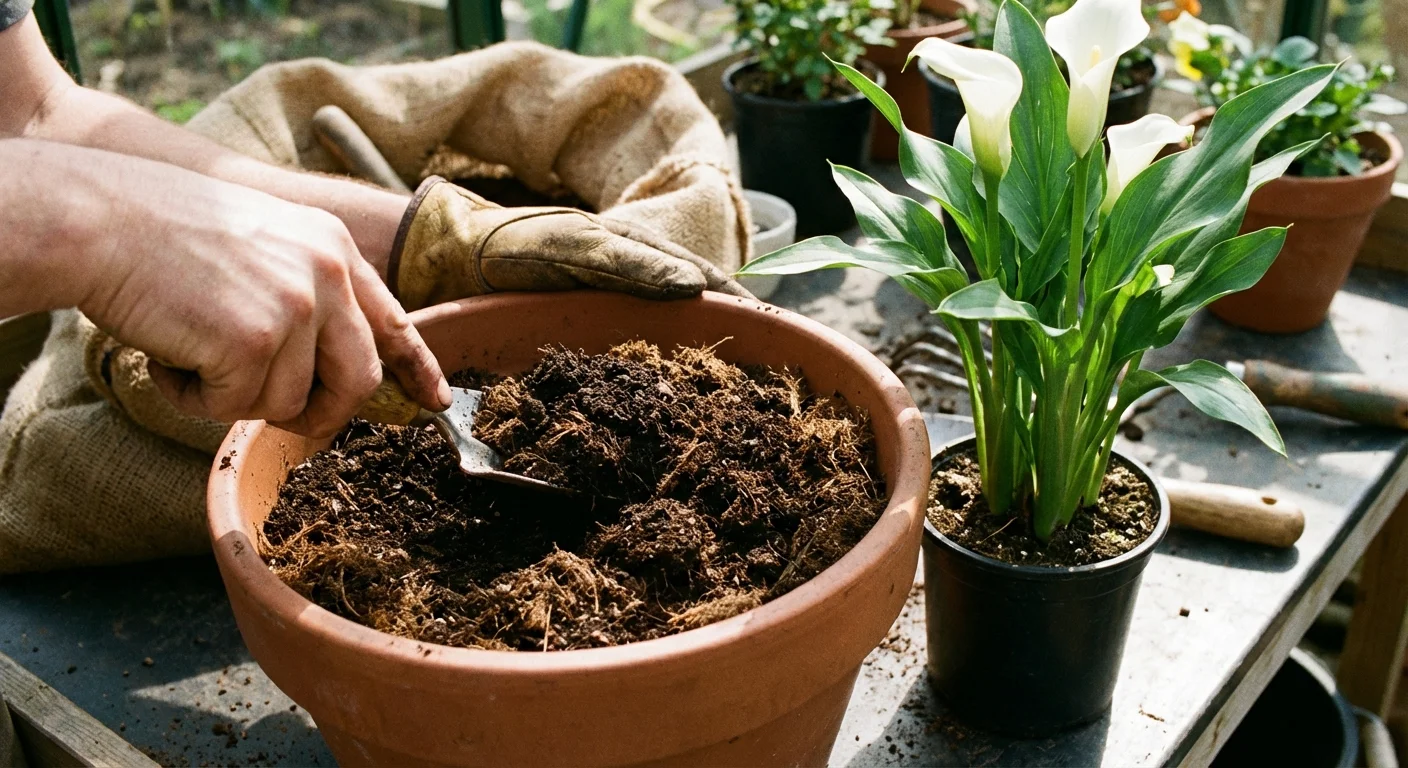 A gardener mixing compost and peat moss into the soil to prepare for planting.