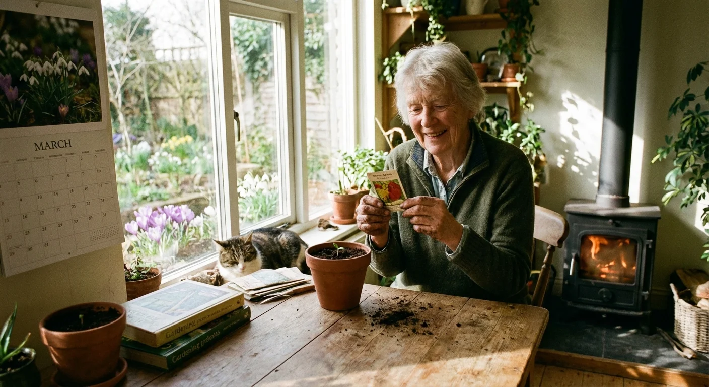 A gardener planning their planting schedule with seeds and a calendar.