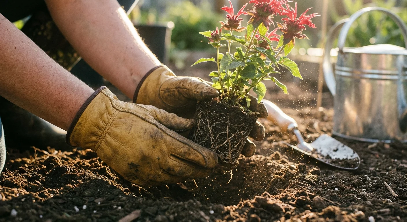 A gardener planting a new Bee Balm plant into a sunny garden bed.