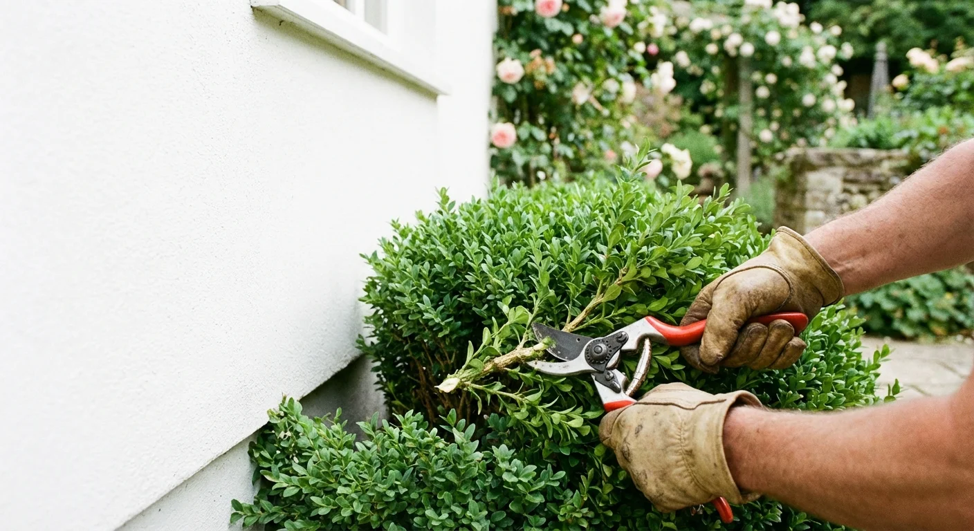 A gardener pruning a shrub to create a safe gap between the plant and the house foundation.