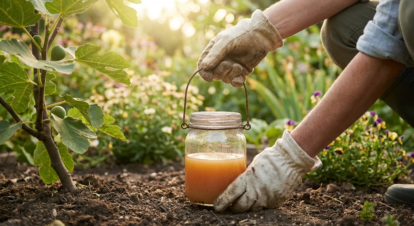 A gardener setting up a natural glass jar trap for beetles in a sunny garden.