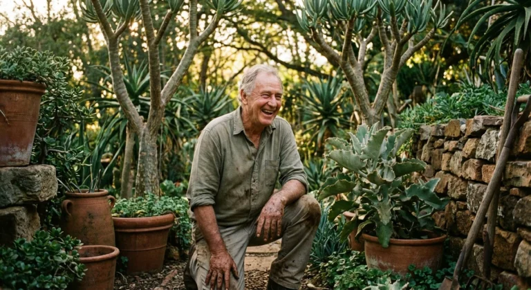 A gardener surrounded by exotic plants in a sun-drenched nursery with a dramatic landscape.