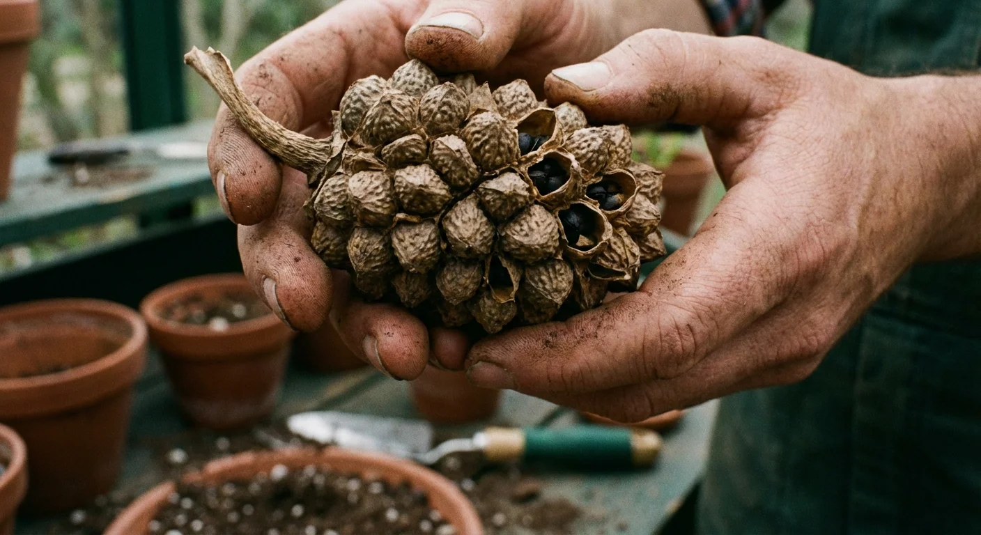 A gardener's hand holding a mature, textured Calla Lily seed pod.