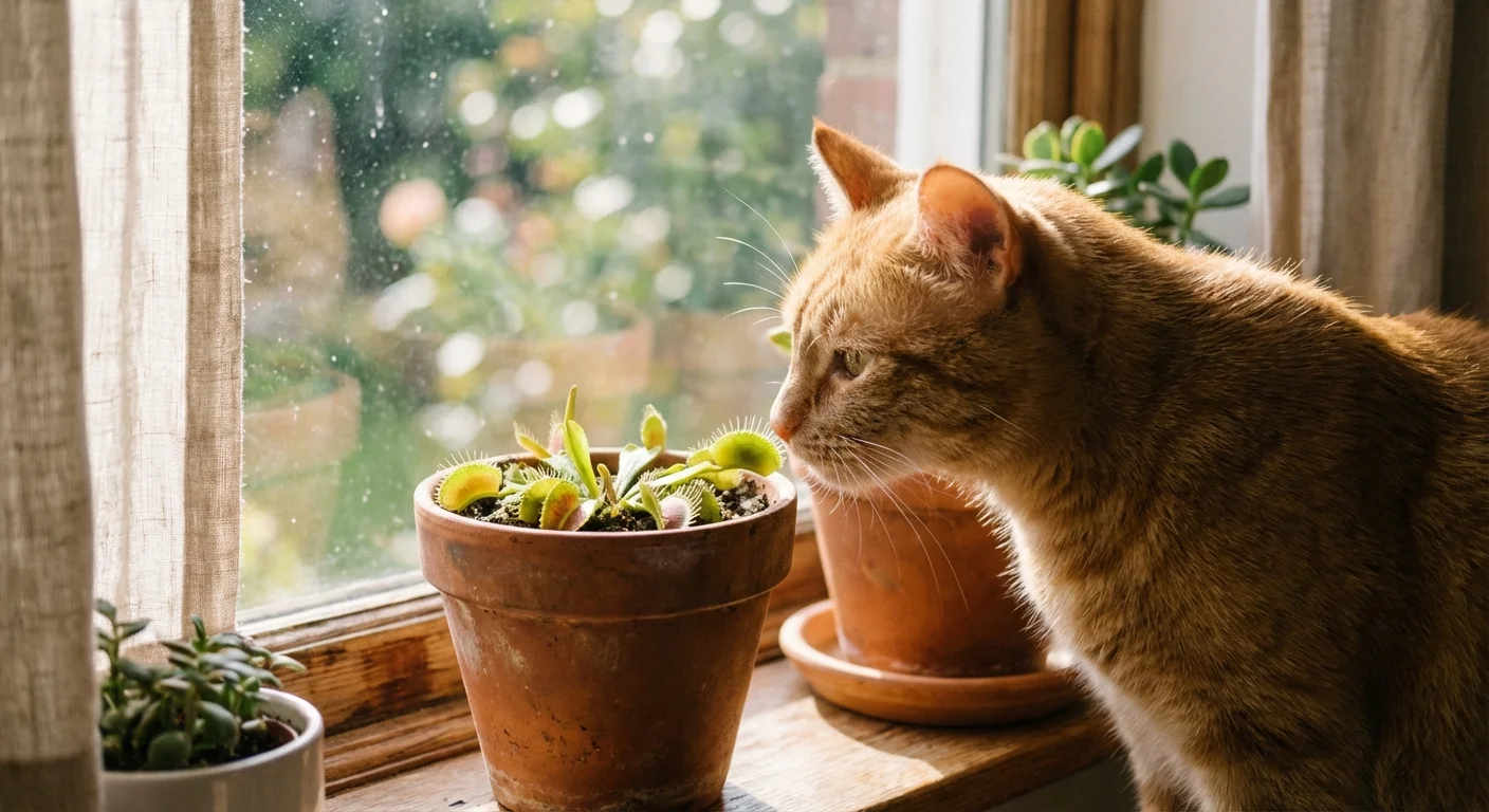 A ginger cat curiously sniffing a pet-safe Venus Fly Trap plant on a sunny windowsill.