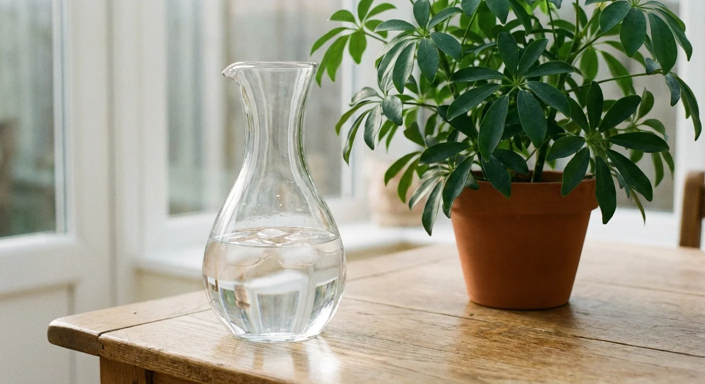 A glass of clean water next to a potted Umbrella Plant.