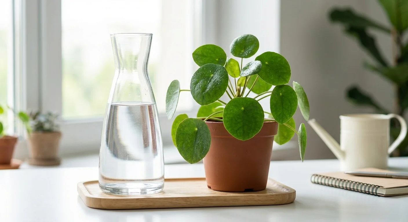 A glass of water next to a Pilea plant with water droplets on its leaves.