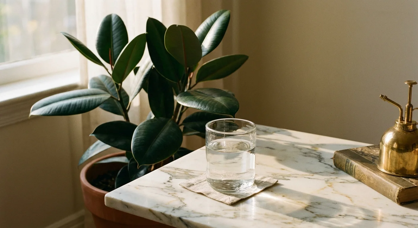 A glass of water next to a plant, representing room temperature hydration.