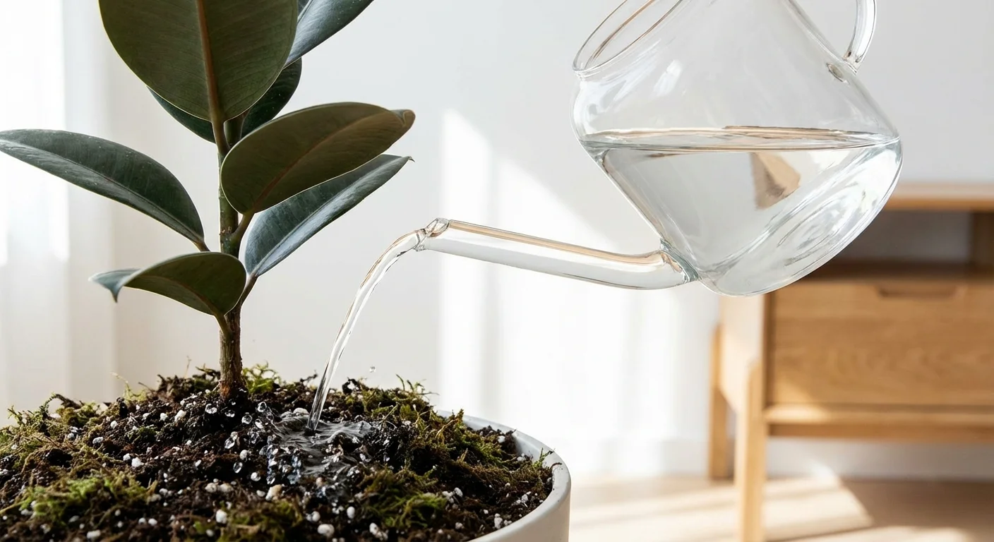 A glass watering can pouring water onto the soil of a rubber plant.