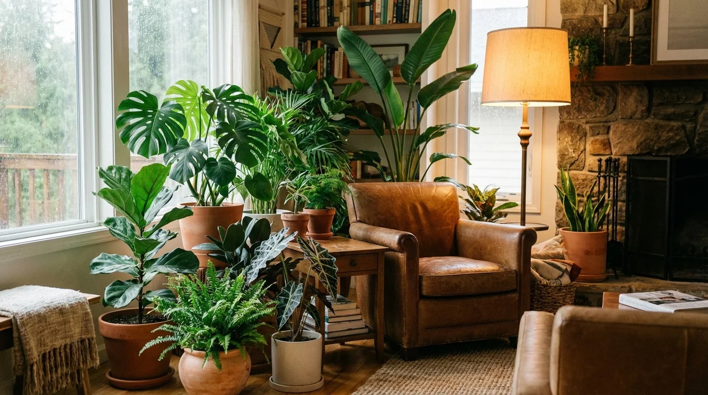 A group of tropical indoor plants arranged in a cozy winter home.