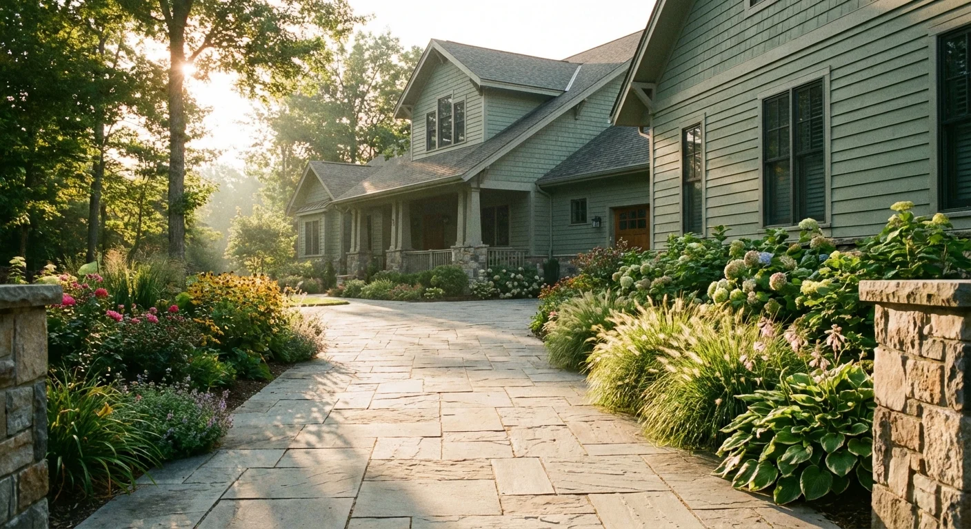 A guest's view walking up a clean stone driveway toward a beautifully painted sage green house.