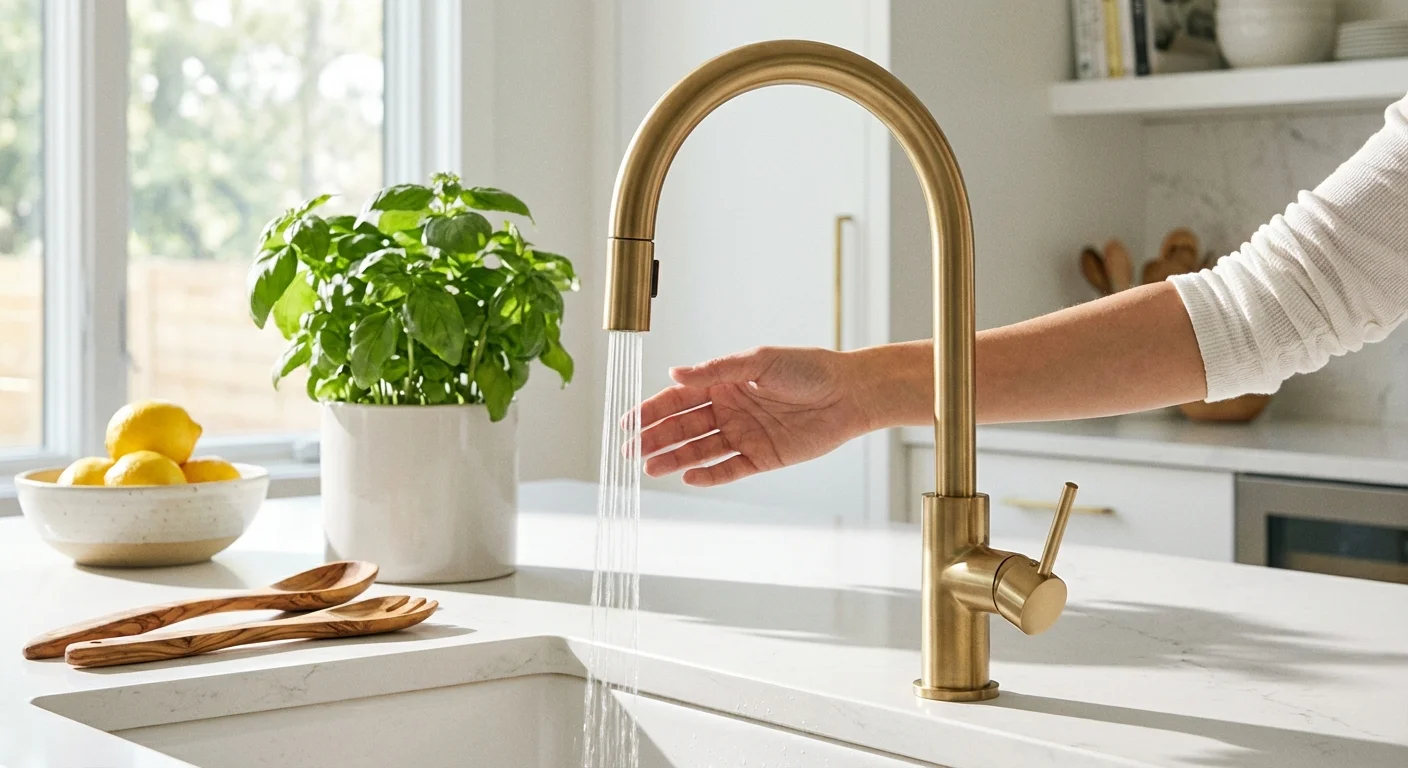 A hand activating a modern touchless faucet in a clean kitchen.