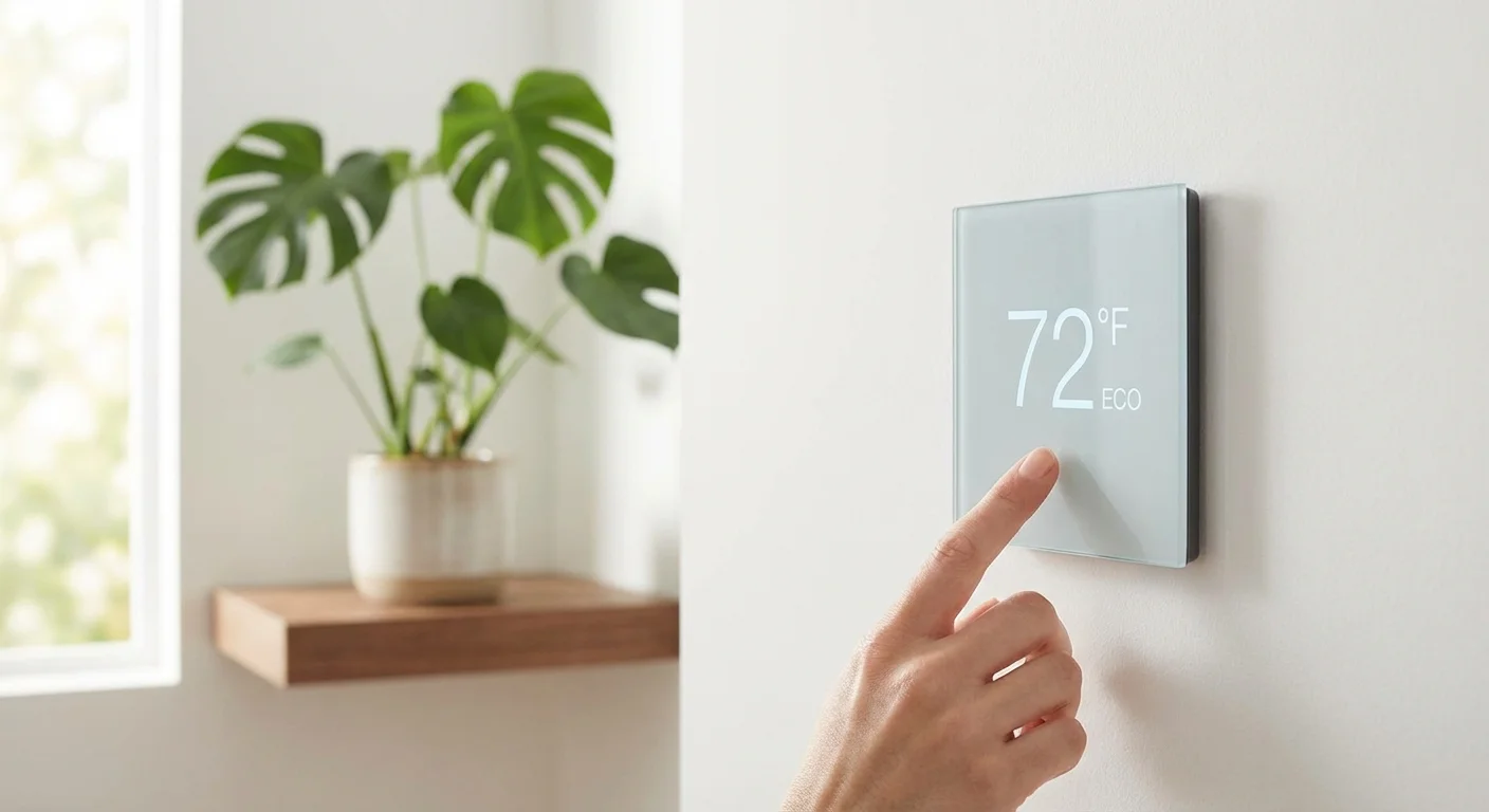 A hand adjusting a smart thermostat in a modern, plant-filled home to maintain temperature consistency.