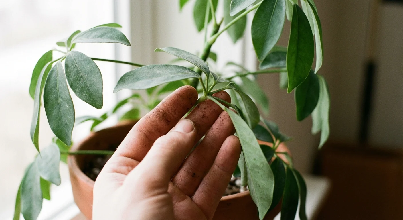 A hand checking a drooping Umbrella Plant leaf for signs of dehydration.