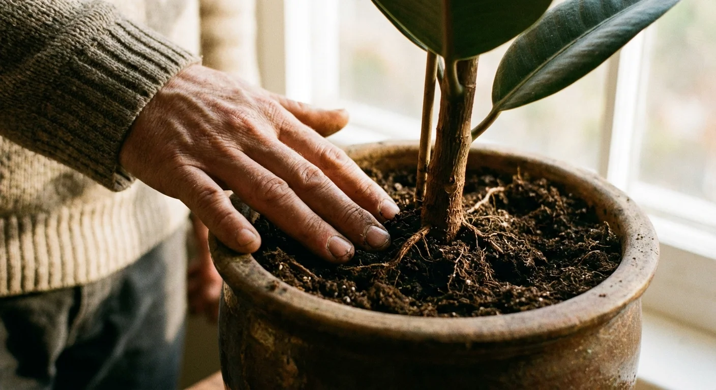 A hand checking the soil moisture of a potted Rubber Plant.