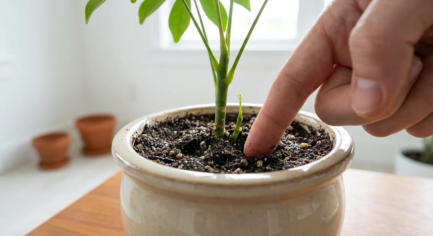 A hand checking the soil moisture of a potted umbrella plant.