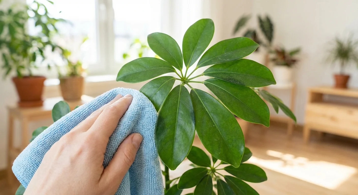 A hand cleaning a leaf of an Umbrella Plant to keep it healthy and dust-free.