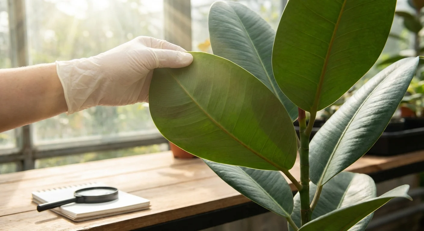 A hand inspecting the underside of a rubber plant leaf for pests in a garden.