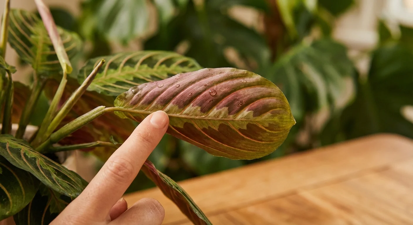 A hand touching a curled Prayer Plant leaf, checking for signs of thirst.