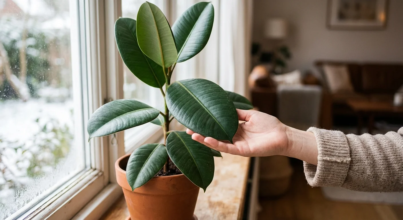 A hand touching a healthy, dark green rubber plant leaf by a window.