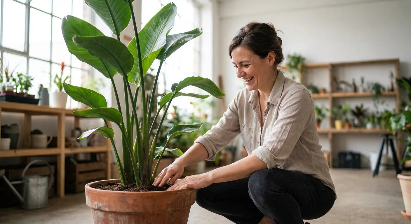 A happy beginner gardener tending to a healthy potted Bird of Paradise plant.
