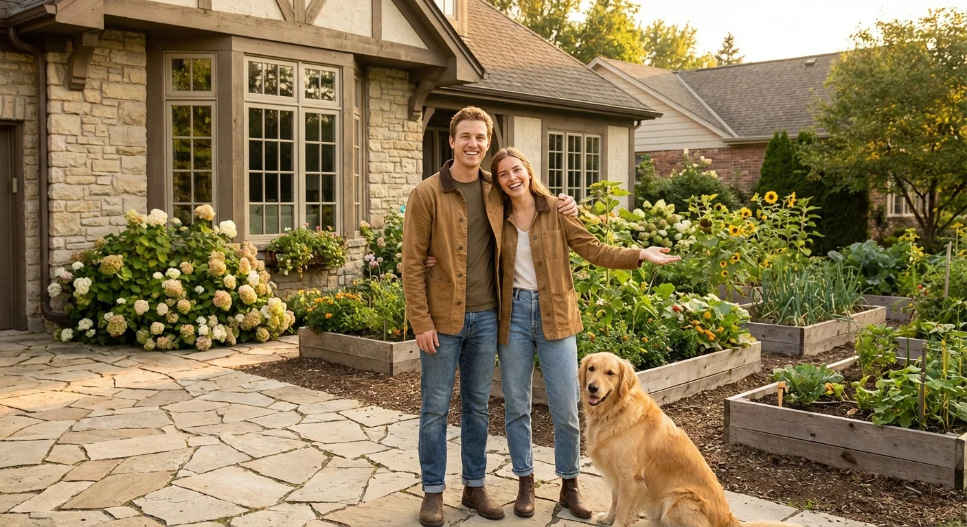 A happy couple admiring their beautiful front yard landscaping in the morning sun.