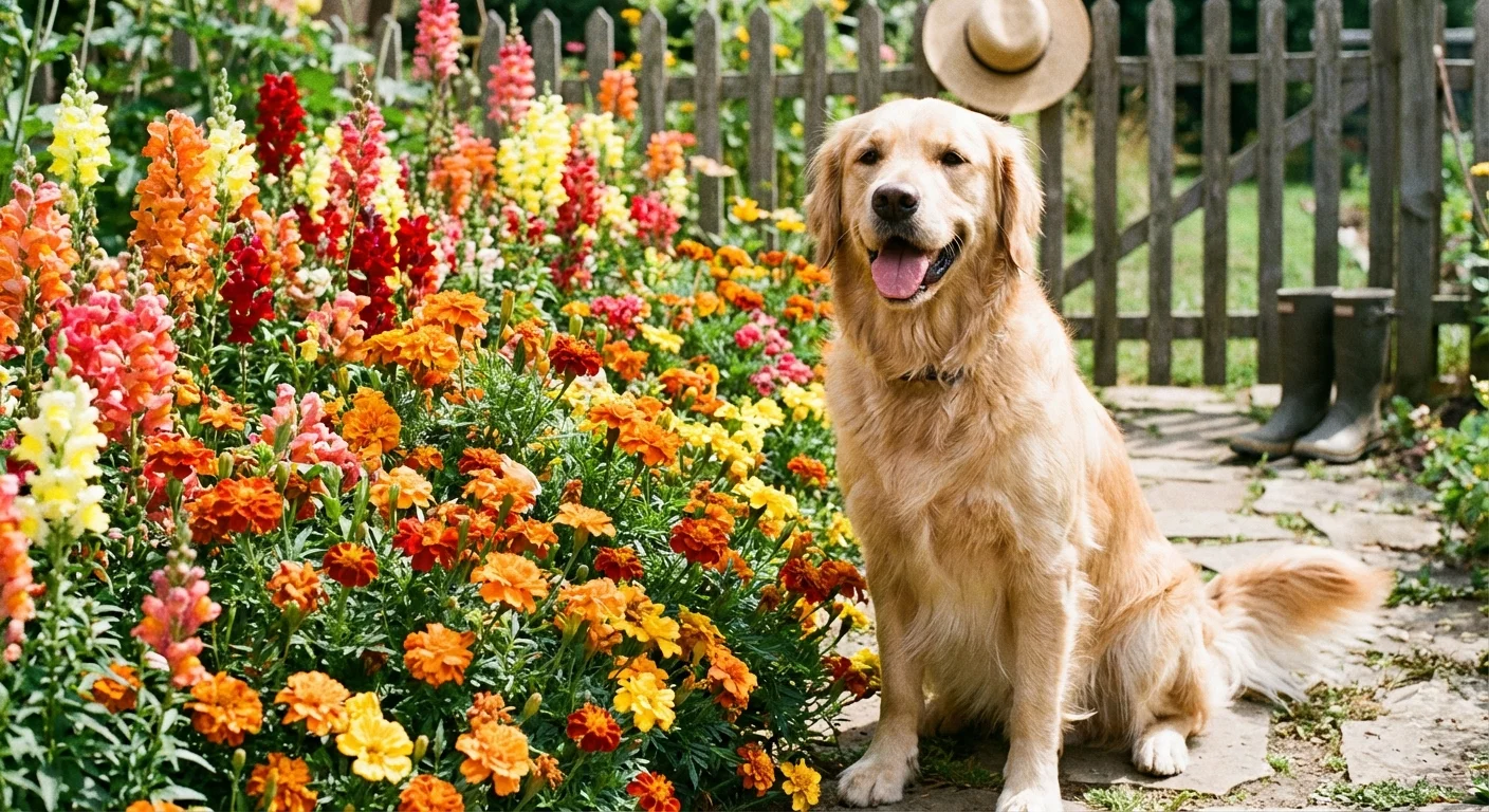A happy dog sitting in a garden next to pet-safe yellow marigolds.