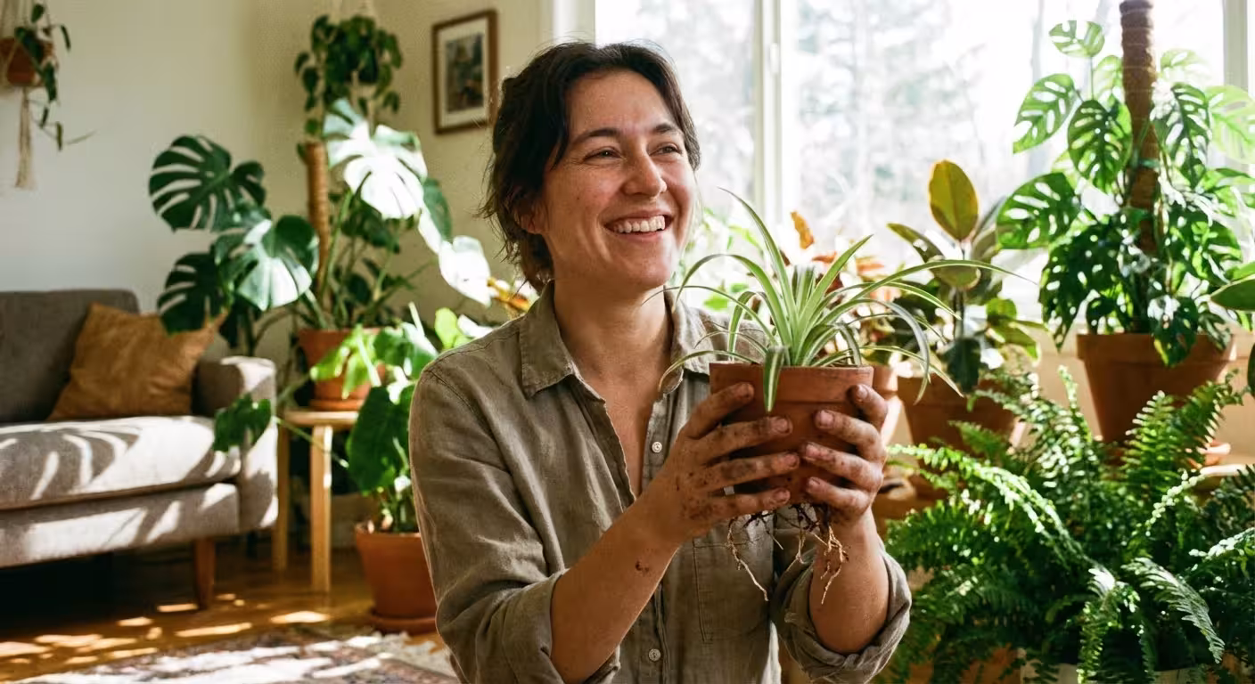 A happy person holding a small potted spider plant in a bright room.