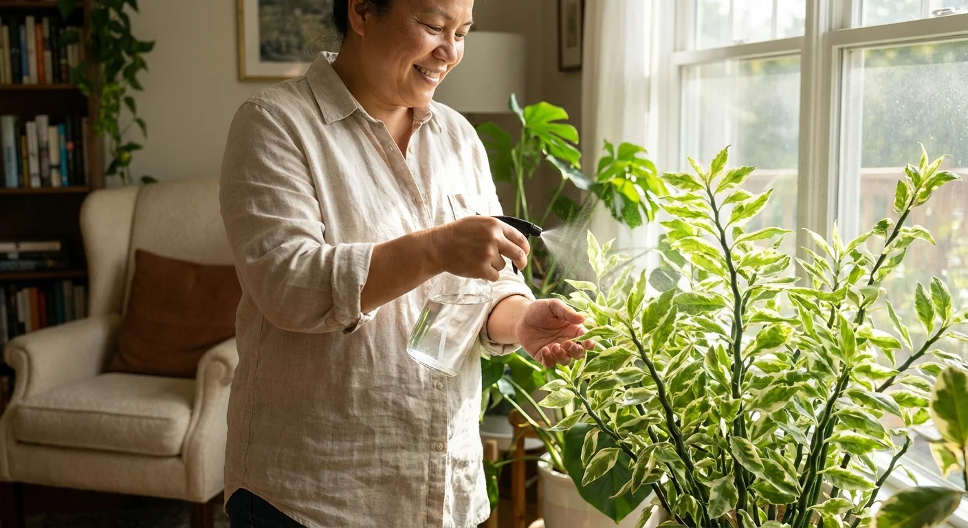 A happy person tending to their healthy indoor plants.