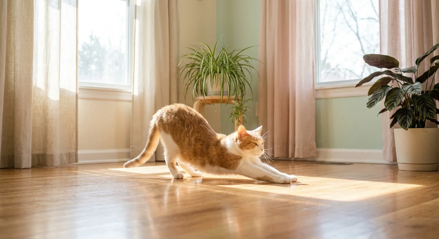 A healthy cat stretching in a sunbeam, signifying recovery.