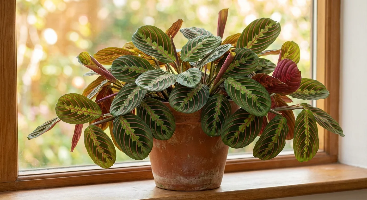 A healthy, full prayer plant showing the results of regular pruning.