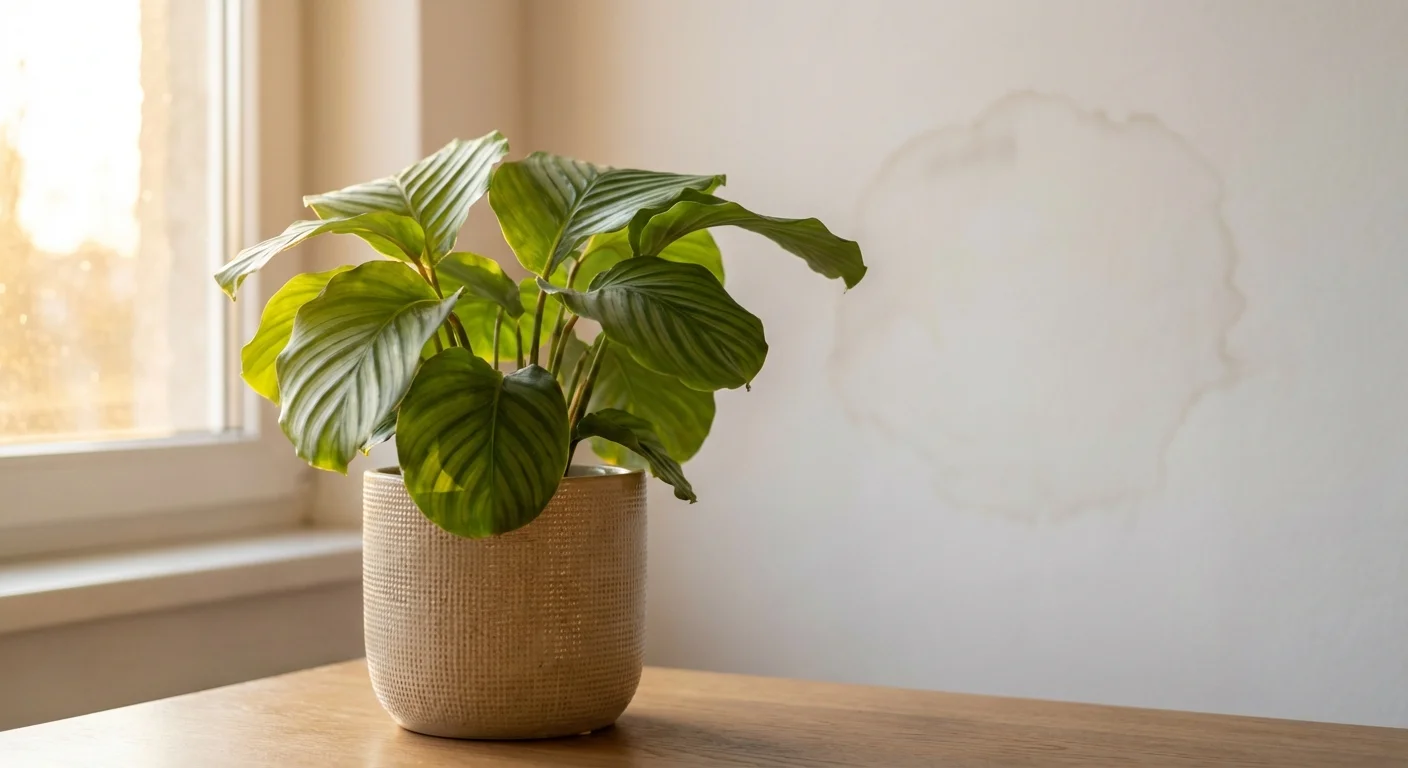 A healthy indoor plant in focus with a faint, blurry water stain on the wall behind it.