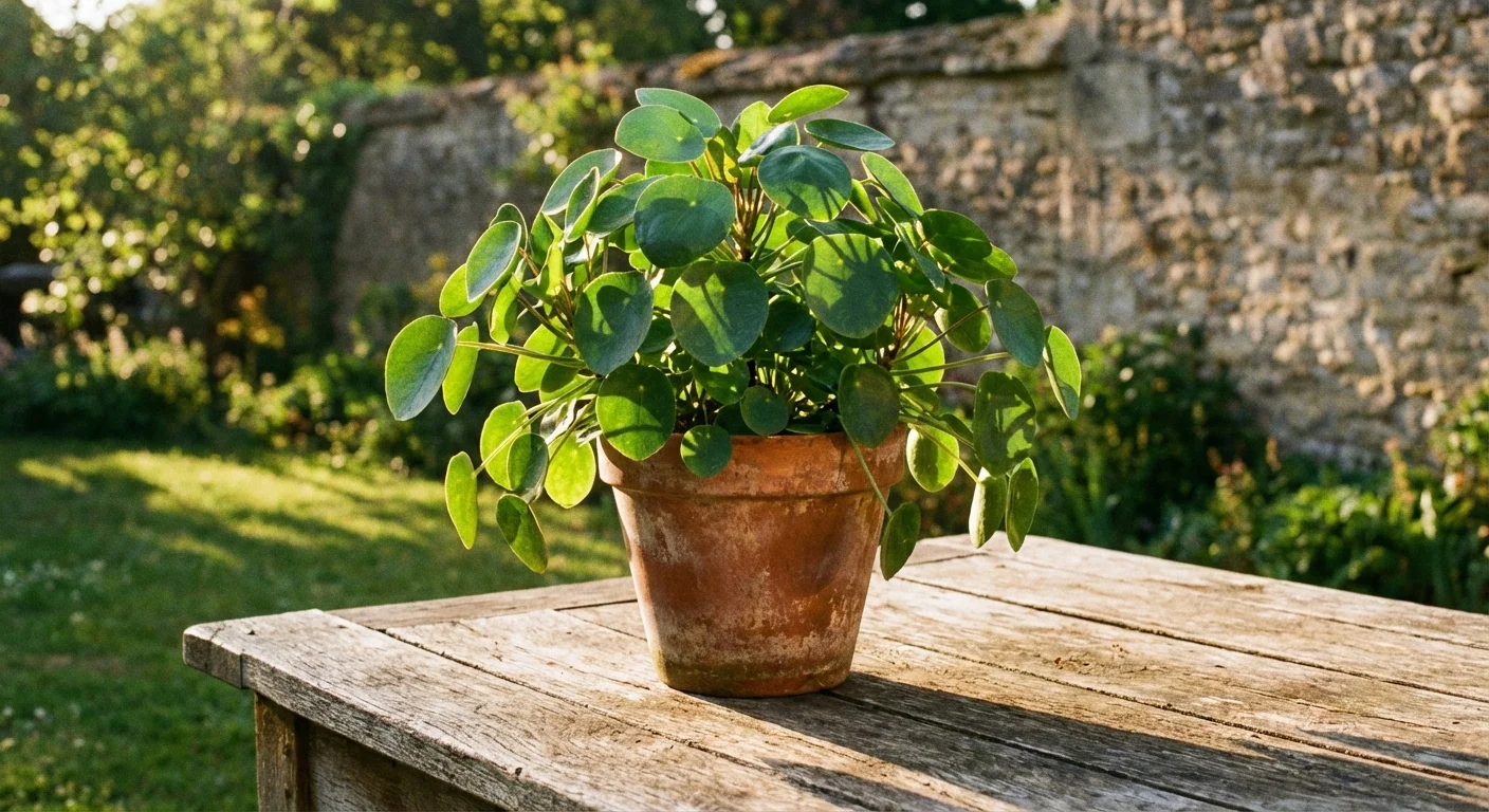 A healthy, pest-free potted plant glowing in the warm evening sun.